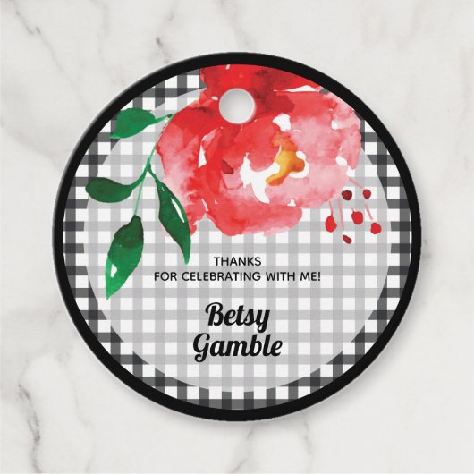Rode Roos op Zwarte Witte Gingham Bruidsdouche Bedankjes Labels (Voorkant)