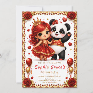 Rode Roos Panda Prinses Verjaardagsfeest Kaart