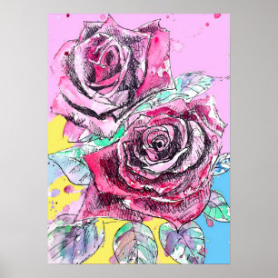 Rode Roos Rozen Bloemige Waterverf Poster