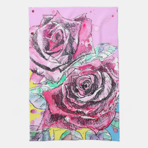 Rode Roos Rozen Waterverf Bloemstuk Bloemen Bloem Theedoek