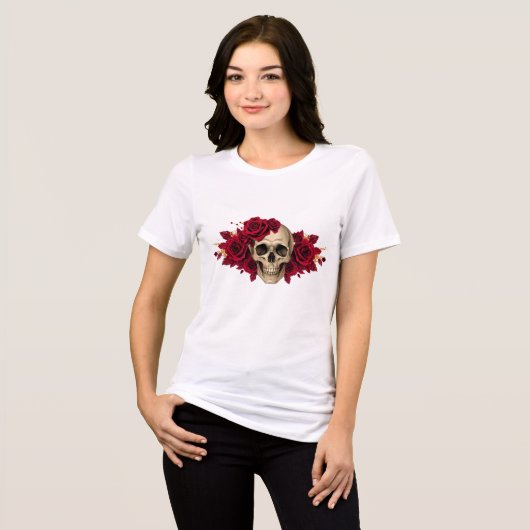 Rode Roos Schedel | Gotische Halloween T-Shirt (Voorkant volledig)