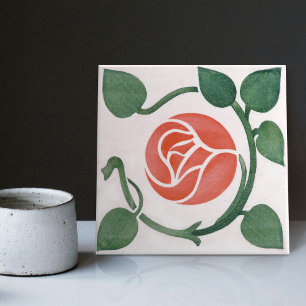 Rode Roos Symmetrische Art Deco Keramische Tegels Tegeltje