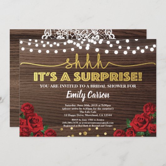 Rode roos verrassing bruid-doucheuitnodiging kaart (Voorkant / Achterkant)