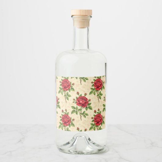 Rode roos vintage patroon likeurfles etiket (Voorkant)