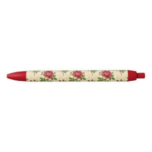 Rode roos vintage patroon zwarte inkt pen