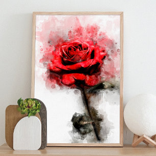 Rode Roos Waterverf Kunst op Witte Achtergrond Foto Afdruk