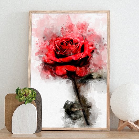 Rode Roos Waterverf Kunst op Witte Achtergrond Foto Afdruk