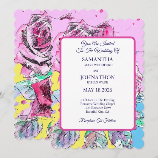 Rode Roos Waterverf Rozen Roze Huwelijksuitnodigin Kaart (Voorkant / Achterkant)