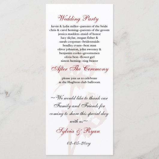 rode roos Wedding programma Programmakaart (Achterkant)