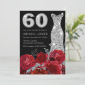 Rode Roos Zilveren Diamonte Jurk 60ste Verjaardag Kaart (Staand voorkant)