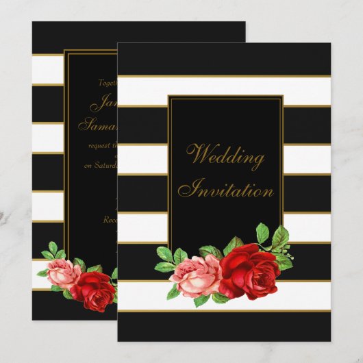 Rode Roos, Zwart, Wit & Gouden Streep - Uitnodigin Kaart (Voorkant / Achterkant)