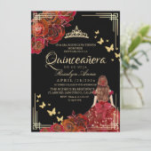 Rode Roos Zwarte Gouden Vlinder Quinceañera Kaart (Staand voorkant)