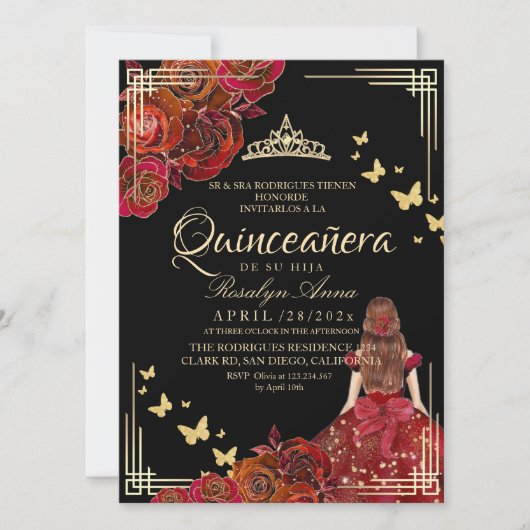 Rode Roos Zwarte Gouden Vlinder Quinceañera Kaart (Voorkant)