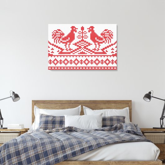Rode Roosters kruisen het Russische Patroon Canvas Afdruk (Insitu (Slaapkamer))