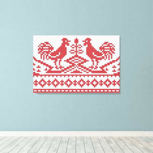 Rode Roosters kruisen het Russische Patroon Canvas Afdruk (Insitu (Houten vloer))