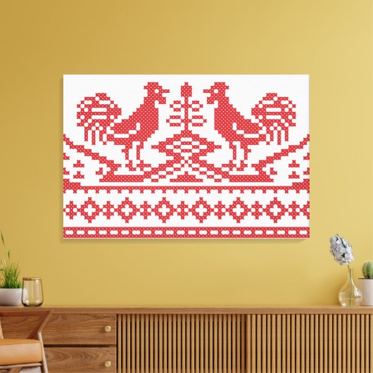 Rode Roosters kruisen het Russische Patroon Canvas Afdruk (Insitu (Woonkamer))