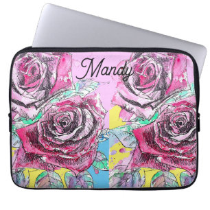 Rode Rose Bloem Aquarel Roze Kleurrijke Kunst Laptop Sleeve