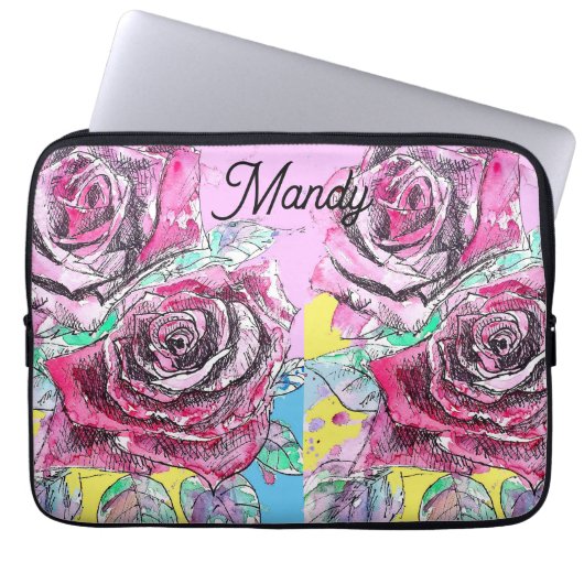 Rode Rose Bloem Aquarel Roze Kleurrijke Kunst Laptop Sleeve (Voorkant)
