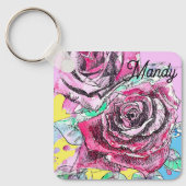 Rode Rose Bloem Aquarel Roze Kleurrijke Kunst Sleutelhanger (Voorkant)