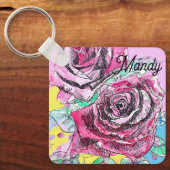 Rode Rose Bloem Aquarel Roze Kleurrijke Kunst Sleutelhanger (Voorkant)