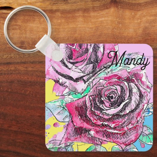 Rode Rose Bloem Aquarel Roze Kleurrijke Kunst Sleutelhanger (Voorkant)