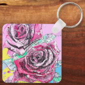 Rode Rose Bloem Aquarel Roze Kleurrijke Kunst Sleutelhanger (Achterkant)