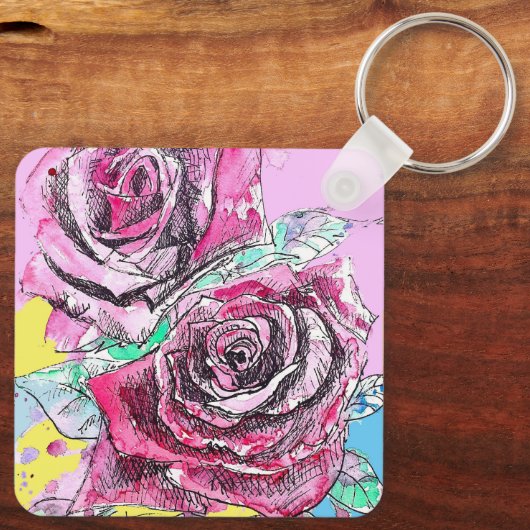 Rode Rose Bloem Aquarel Roze Kleurrijke Kunst Sleutelhanger (Achterkant)