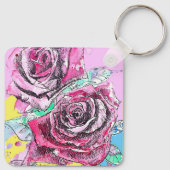 Rode Rose Bloem Aquarel Roze Kleurrijke Kunst Sleutelhanger (Achterkant)