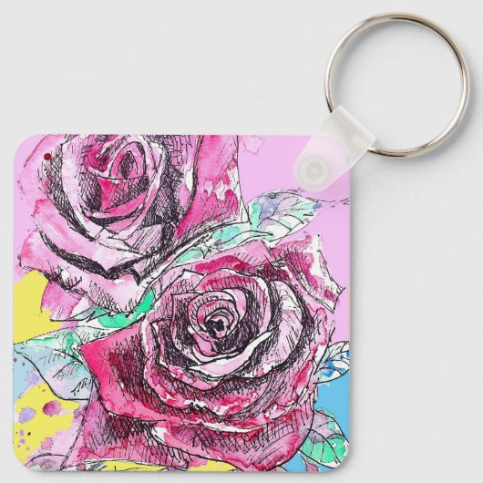 Rode Rose Bloem Aquarel Roze Kleurrijke Kunst Sleutelhanger (Achterkant)