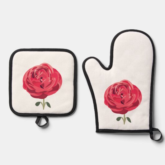 Rode Rose Bloem Bloemen Rode Rood Rose Ovenwant & Pannenlap Set (Voorkant)