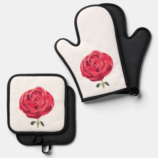 Rode Rose Bloem Bloemen Rode Rood Rose Ovenwant & Pannenlap Set (Voorkant / Achterkant)