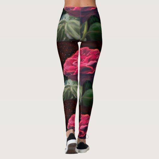 Rode Rose Bloem Groen Zwart Art Bloemen Bloemen Leggings (Achterkant)