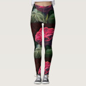 Rode Rose Bloem Groen Zwart Art Bloemen Bloemen Leggings (Voorkant)