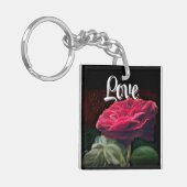 Rode Rose Bloem Groen Zwart Art Bloemen Bloemen Sleutelhanger (Voorkant Links)