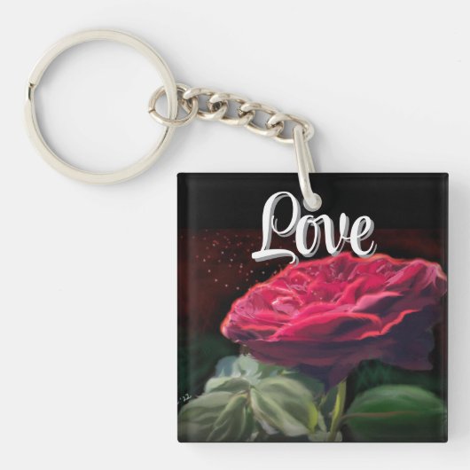 Rode Rose Bloem Groen Zwart Art Bloemen Bloemen Sleutelhanger (Voorkant)