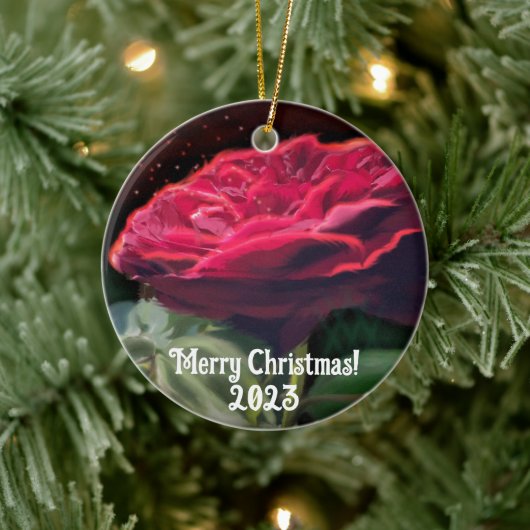 Rode Rose Bloem Groen Zwart Art Bloemen Keramisch Ornament (Boom)