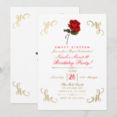 Rode Rose Bloemen Gouden Hoeken Sweet 16 Party Kaart (Voorkant / Achterkant)