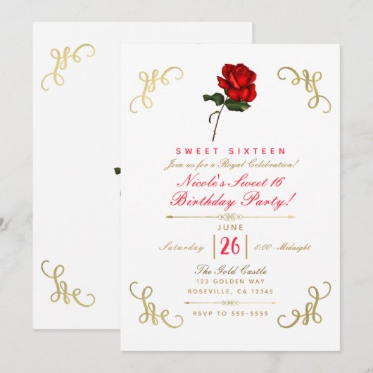 Rode Rose Bloemen Gouden Hoeken Sweet 16 Party Kaart (Voorkant / Achterkant)