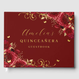 Rode Rose Bloemen Gouden Wervel Quinceanera Gastenboek