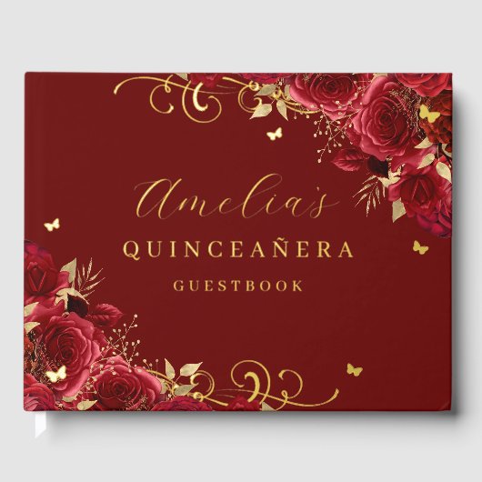 Rode Rose Bloemen Gouden Wervel Quinceanera Gastenboek (Voorkant)