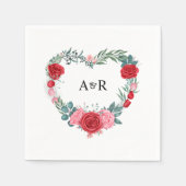 Rode Rose Bloemen Groen Hart Vormig Huwelijk Servet (Voorkant)
