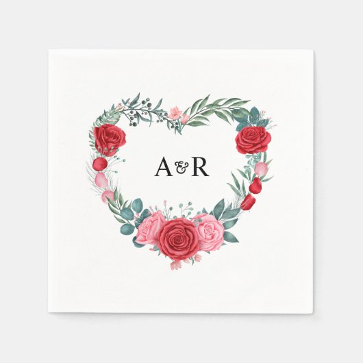 Rode Rose Bloemen Groen Hart Vormig Huwelijk Servet (Voorkant)
