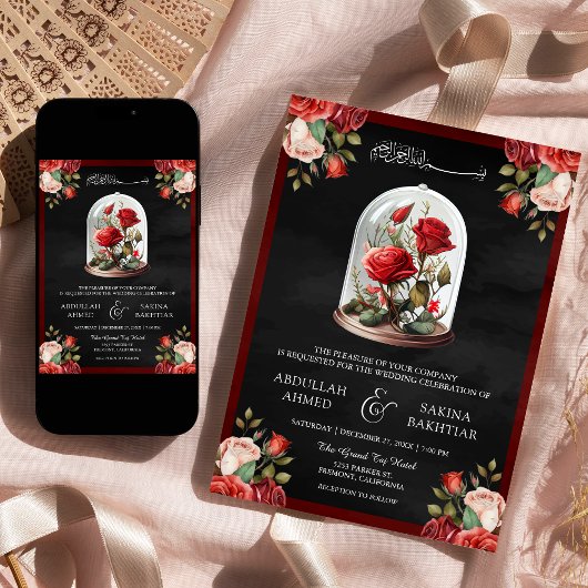 Rode Rose Glass Dome QR Code Zwart Moslim Bruiloft Kaart