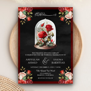 Rode Rose Glass Dome QR Code Zwart Moslim Bruiloft Kaart