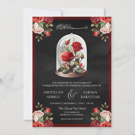 Rode Rose Glass Dome QR Code Zwart Moslim Bruiloft Kaart (Voorkant)
