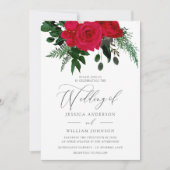 Rode Rose Groen Bladeren Bloemen Huwelijksuitnodig Kaart (Voorkant)