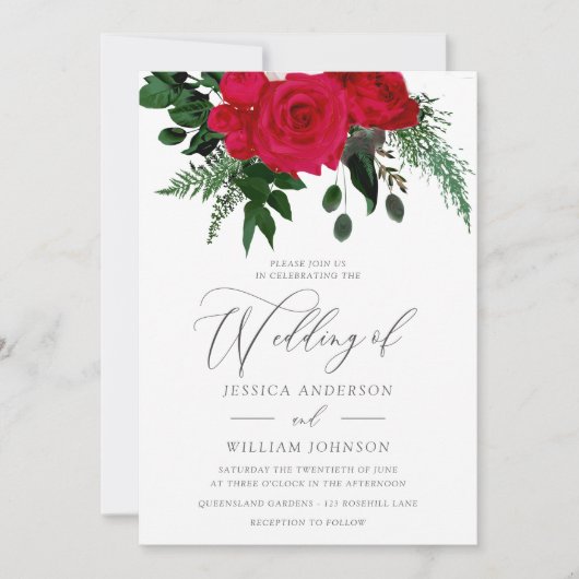 Rode Rose Groen Bladeren Bloemen Huwelijksuitnodig Kaart (Voorkant)