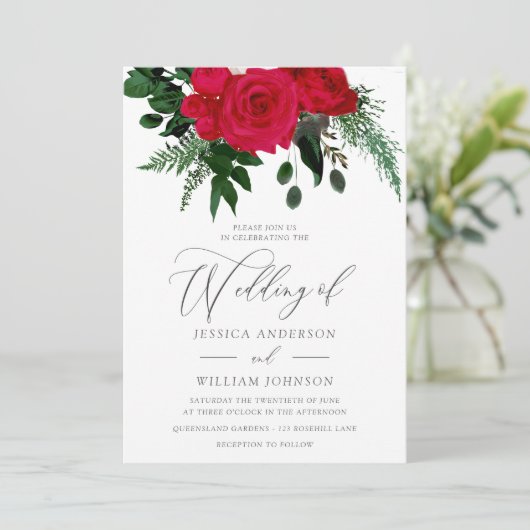 Rode Rose Groen Bladeren Bloemen Huwelijksuitnodig Kaart (Staand voorkant)