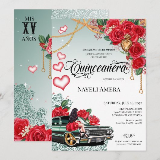 Rode Rose Groene Lowrider Mexicana Kwins Verjaarda Kaart (Voorkant / Achterkant)