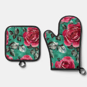Rode Rose Oven Mitt en Potholder Set (Voorkant)